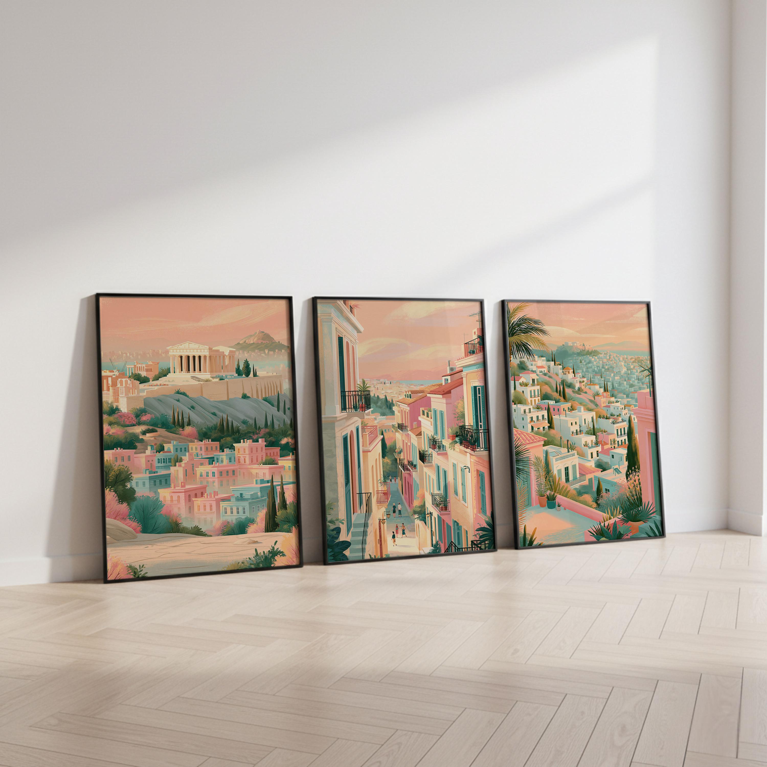 Athens Set of 3 Travel Posters - Greek Cityscape Wall Art Prints - Travel Wall Art