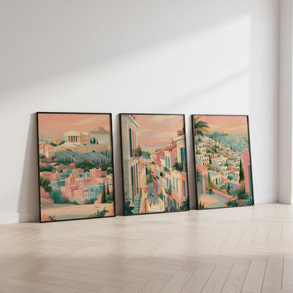Athens Set of 3 Travel Posters - Greek Cityscape Wall Art Prints - Travel Wall Art
