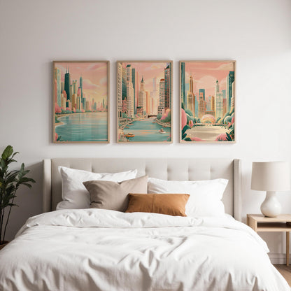 Chicago Set Of 3 Posters - Chicago Cityscape Wall Art Prints - Travel Wall Art