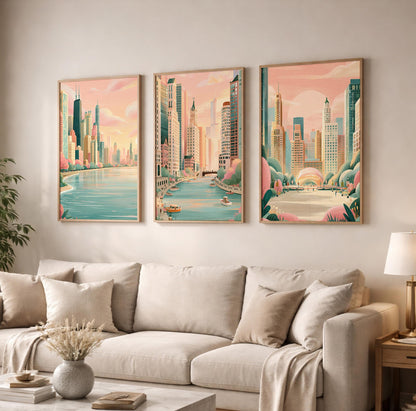 Chicago Set Of 3 Posters - Chicago Cityscape Wall Art Prints - Travel Wall Art