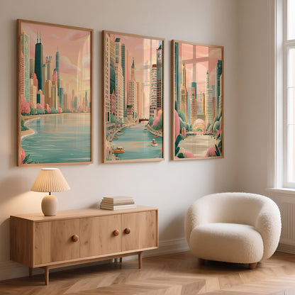 Chicago Set Of 3 Posters - Chicago Cityscape Wall Art Prints - Travel Wall Art