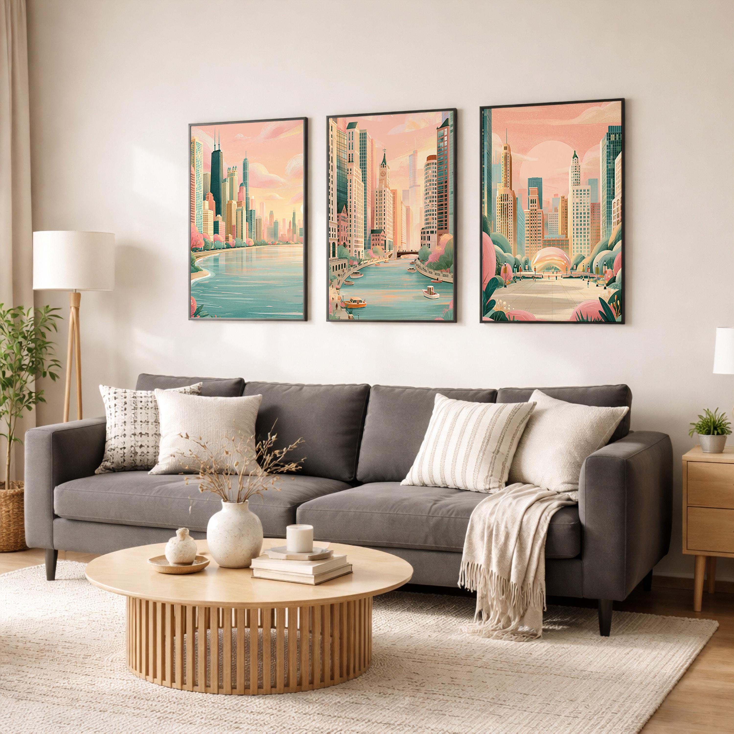 Chicago Set Of 3 Posters - Chicago Cityscape Wall Art Prints - Travel Wall Art