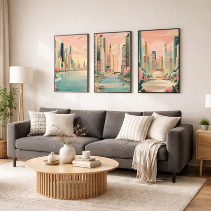Chicago Set Of 3 Posters - Chicago Cityscape Wall Art Prints - Travel Wall Art