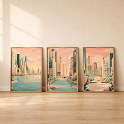 Chicago Set Of 3 Posters - Chicago Cityscape Wall Art Prints - Travel Wall Art