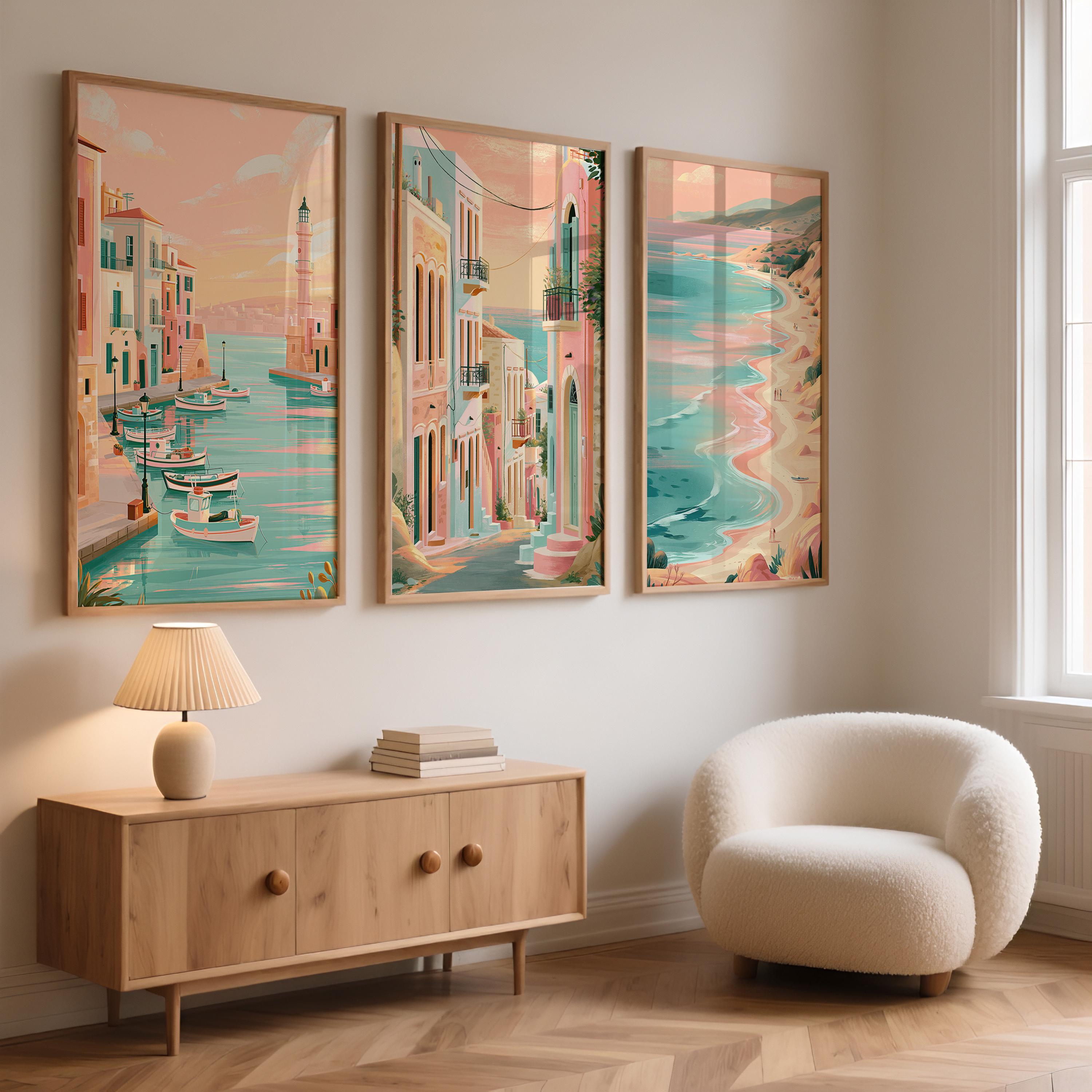 Crete Set of 3 Travel Posters - Greek Island Coastal Wall Art Prints - Travel Wall Art
