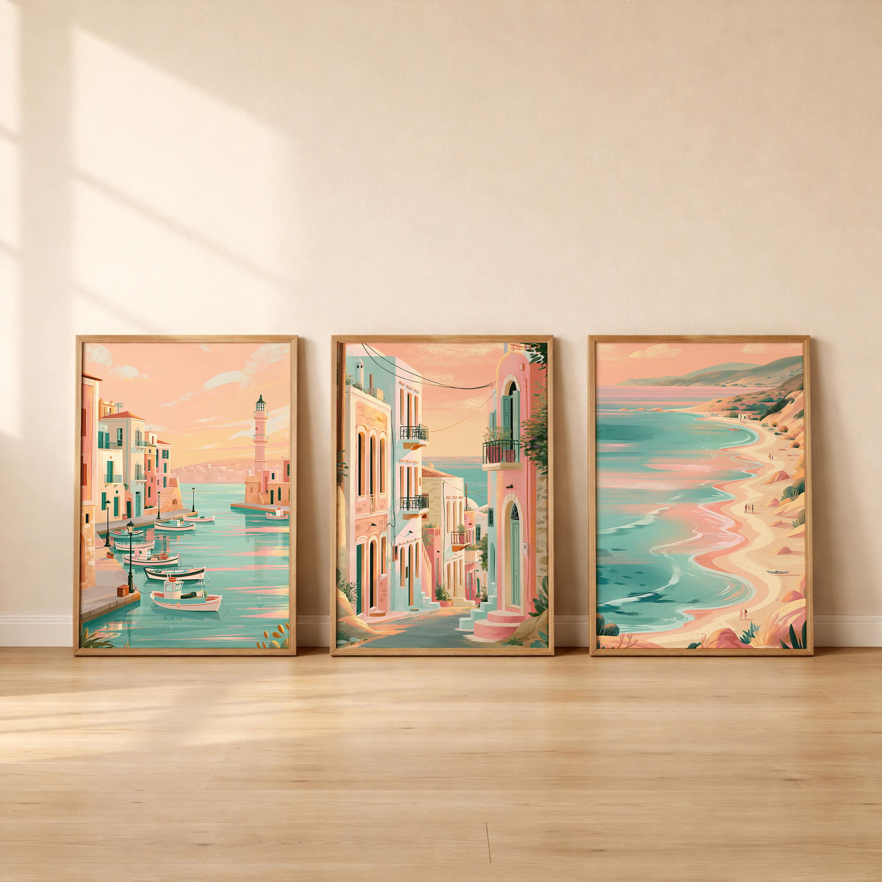 Crete Set of 3 Travel Posters - Greek Island Coastal Wall Art Prints - Travel Wall Art