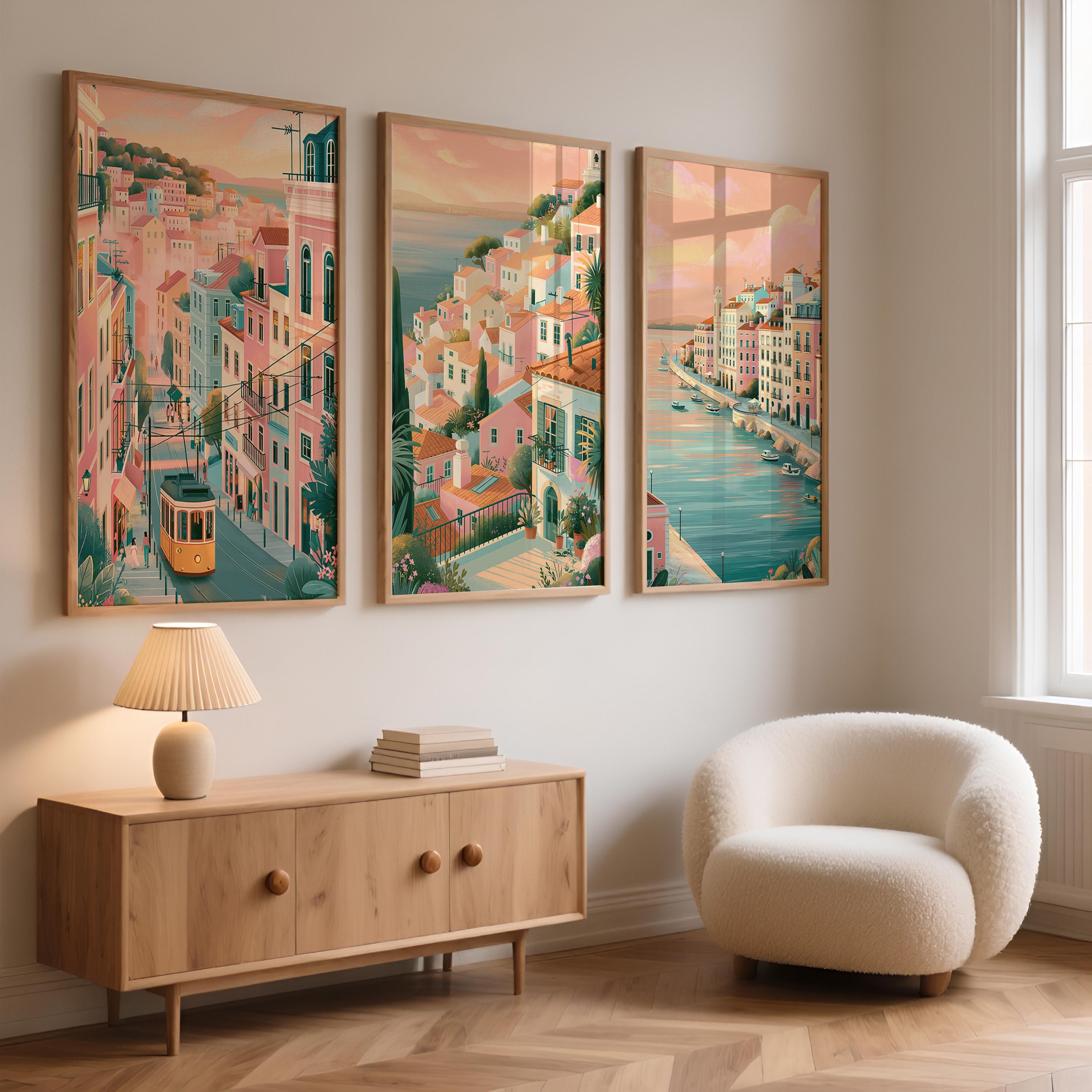 Lisbon Set of 3 Travel Posters - Portugal Cityscape Wall Art Prints - Travel Wall Art
