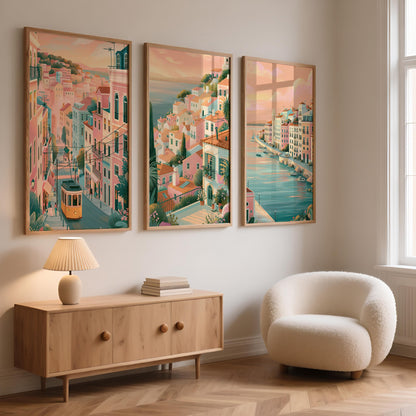 Lisbon Set of 3 Travel Posters - Portugal Cityscape Wall Art Prints - Travel Wall Art
