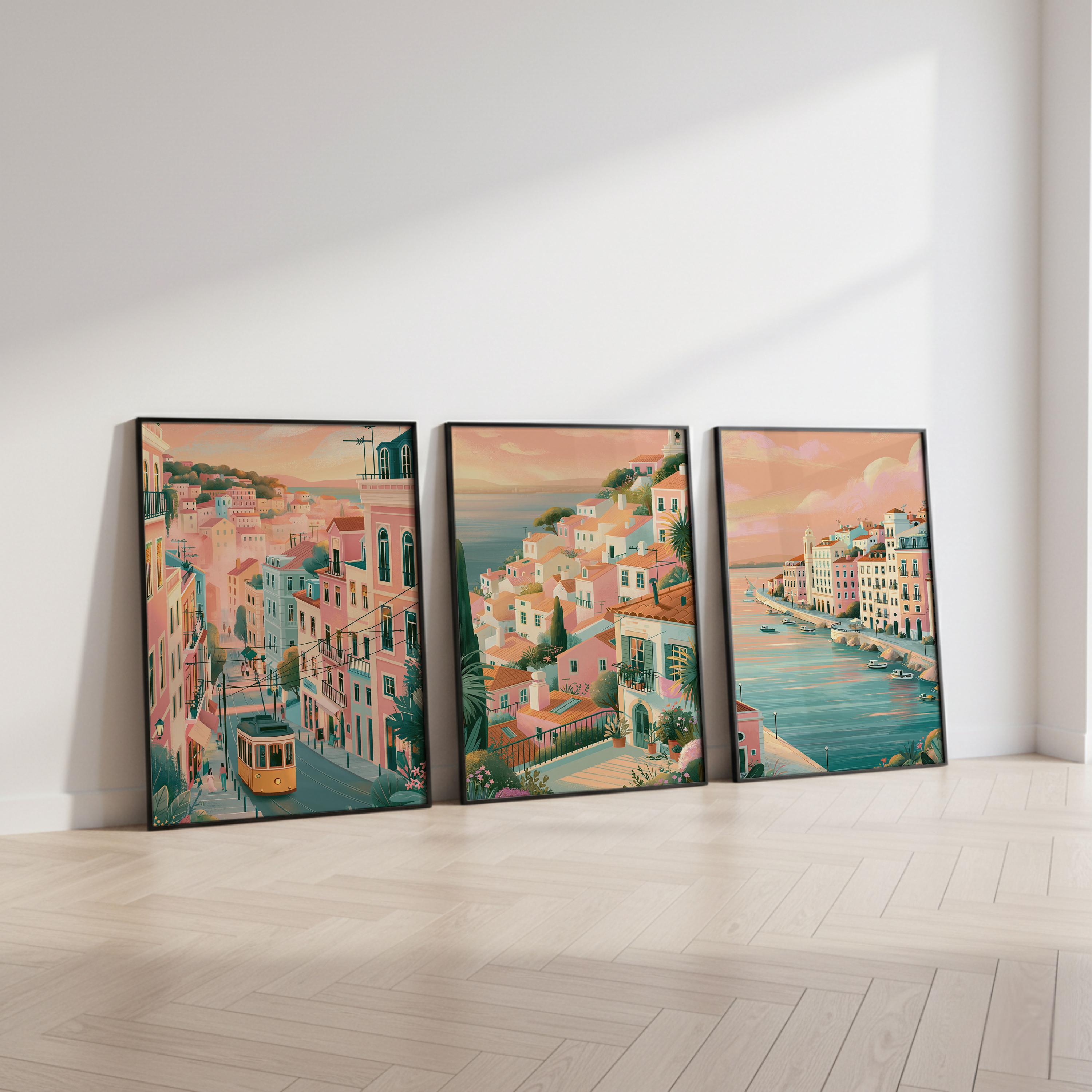 Lisbon Set of 3 Travel Posters - Portugal Cityscape Wall Art Prints - Travel Wall Art