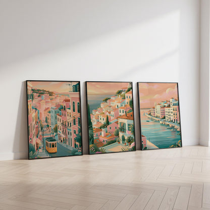 Lisbon Set of 3 Travel Posters - Portugal Cityscape Wall Art Prints - Travel Wall Art