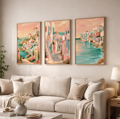 Mykonos Set of 3 Travel Posters - Greek Island Coastal Wall Art Prints - Travel Wall Art