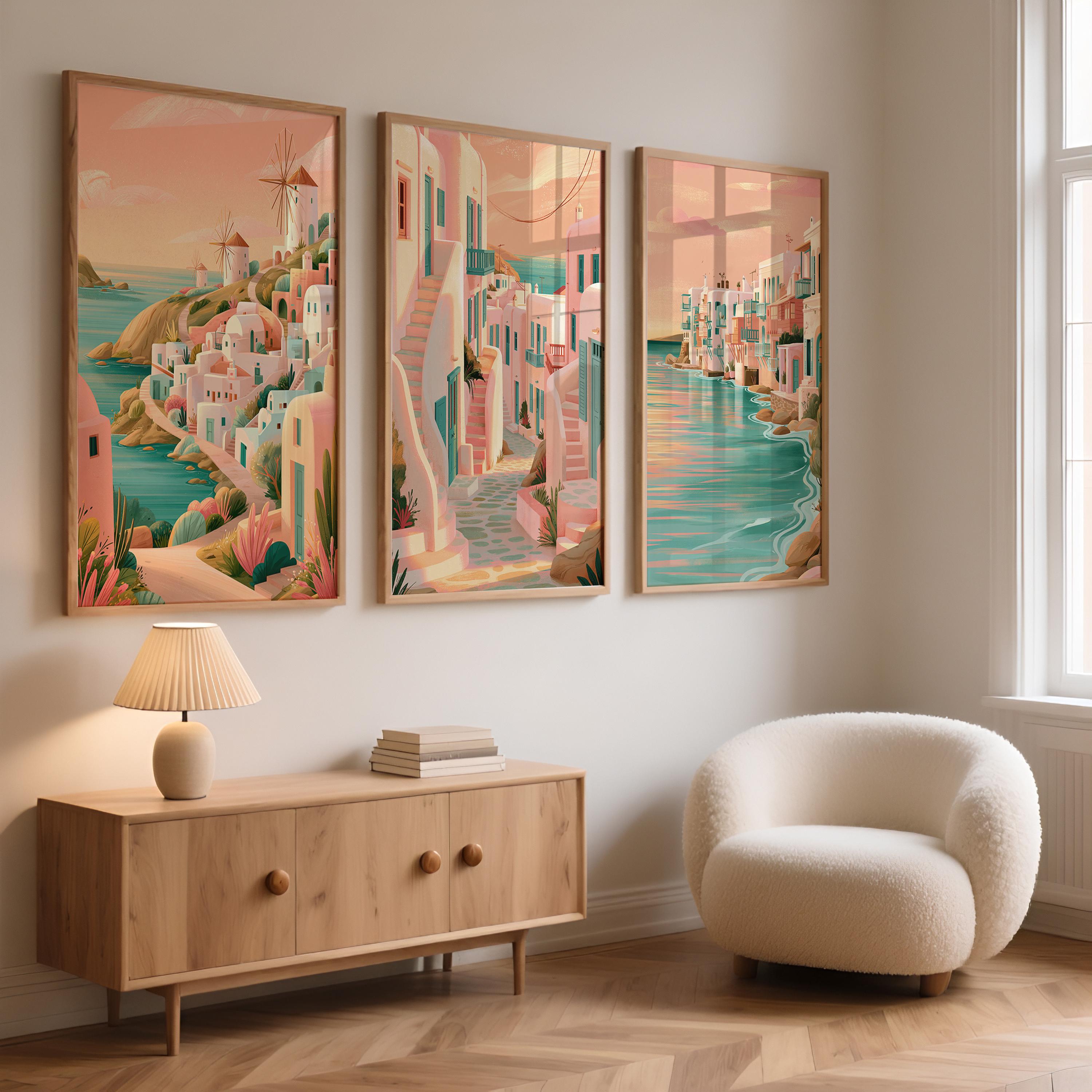 Mykonos Set of 3 Travel Posters - Greek Island Coastal Wall Art Prints - Travel Wall Art