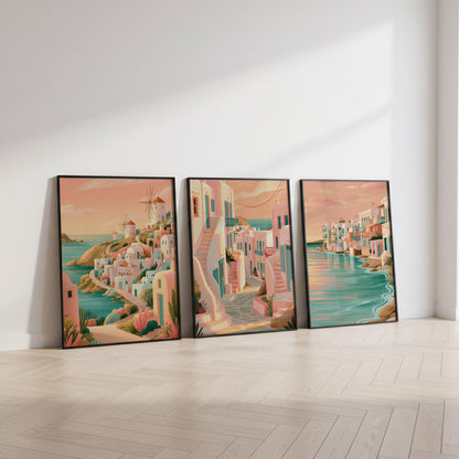 Mykonos Set of 3 Travel Posters - Greek Island Coastal Wall Art Prints - Travel Wall Art