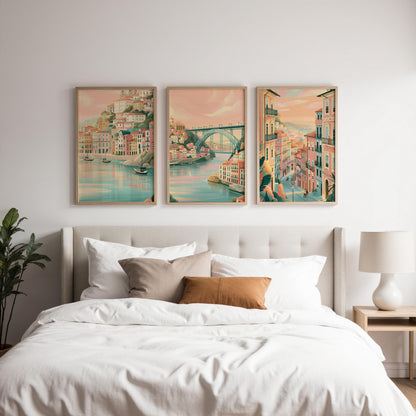 Porto Set of 3 Travel Posters - Portugal Cityscape Wall Art Prints - Travel Wall Art