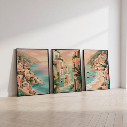 Set of 3 Positano Italy Posters - Italian Amalfi Coast Wall Art - Travel Wall Art