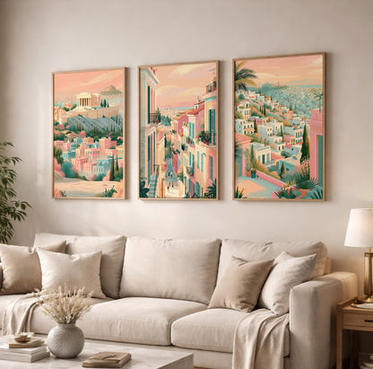 Athens Set of 3 Travel Posters - Greek Cityscape Wall Art Prints - Travel Wall Art