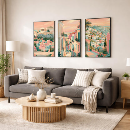 Athens Set of 3 Travel Posters - Greek Cityscape Wall Art Prints - Travel Wall Art
