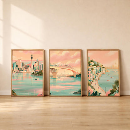 Aukland Set of 3 Travel Posters - New Zealand Wall Art Prints - Travel Wall Art