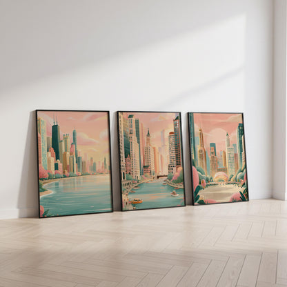 Chicago Set Of 3 Posters - Chicago Cityscape Wall Art Prints - Travel Wall Art