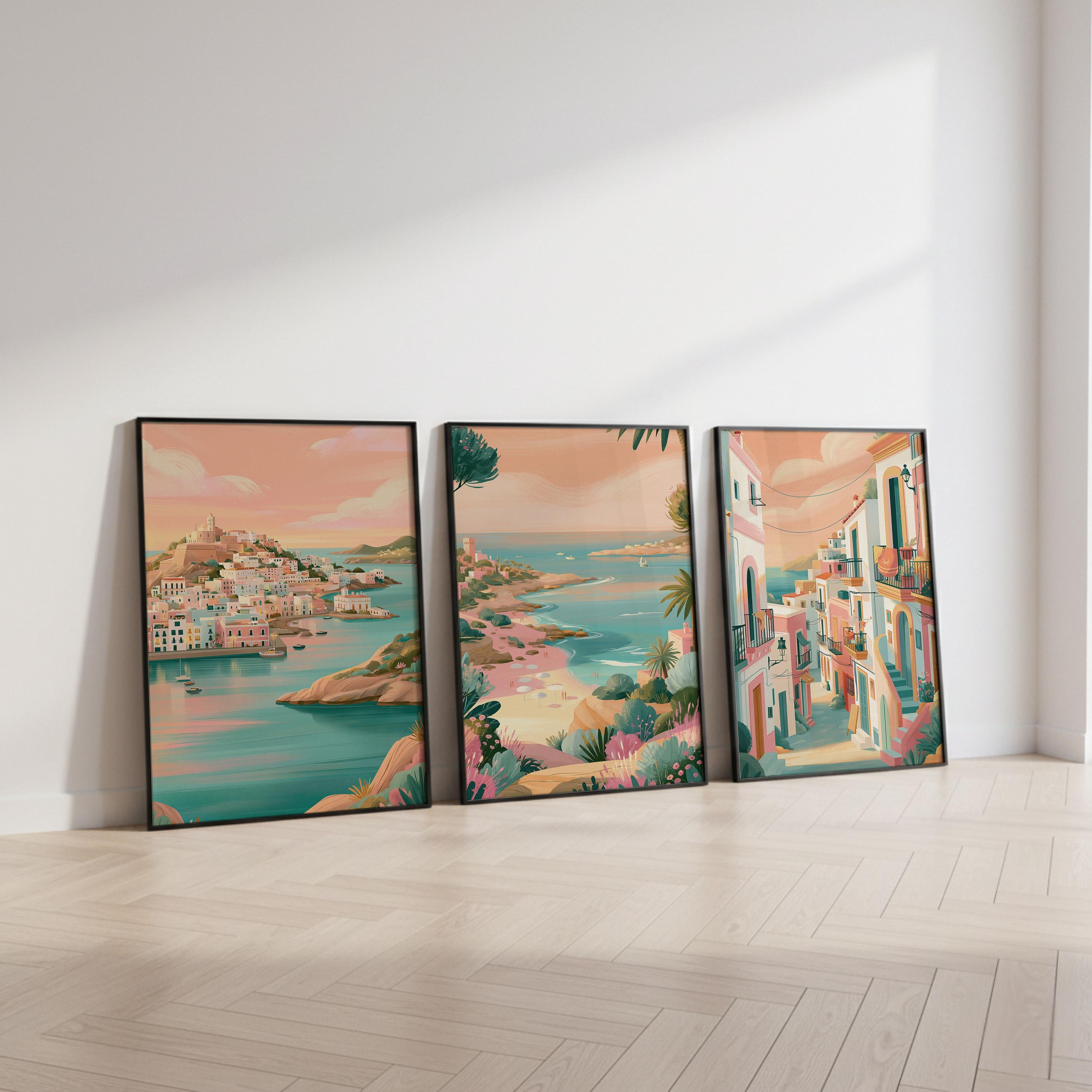 Ibiza Set Of 3 Travel Posters - Mediterranean Coastal Wall Art Prints - Travel Wall Art