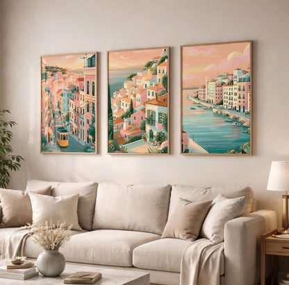 Lisbon Set of 3 Travel Posters - Portugal Cityscape Wall Art Prints - Travel Wall Art