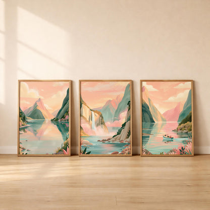 Milford Sound Set of 3 Travel Posters - New Zealand Wall Art Prints - Travel Wall Art
