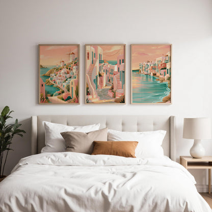Mykonos Set of 3 Travel Posters - Greek Island Coastal Wall Art Prints - Travel Wall Art