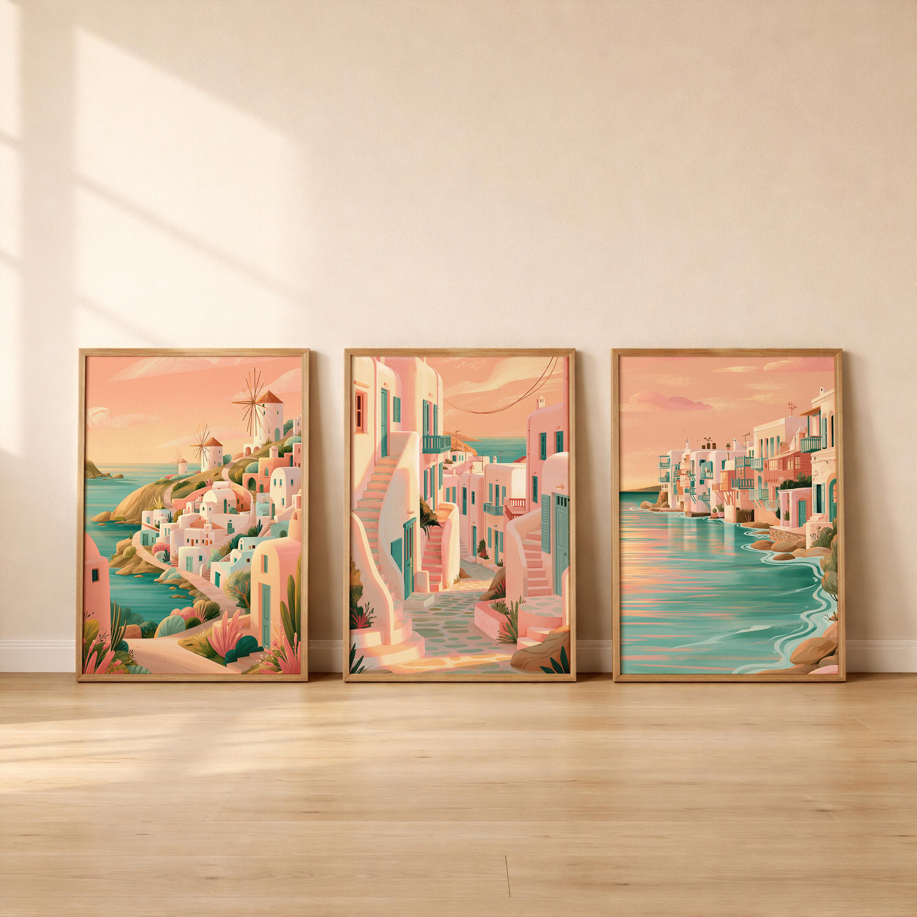 Mykonos Set of 3 Travel Posters - Greek Island Coastal Wall Art Prints - Travel Wall Art