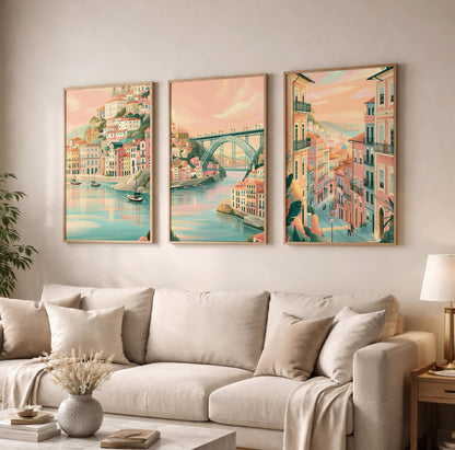 Porto Set of 3 Travel Posters - Portugal Cityscape Wall Art Prints - Travel Wall Art