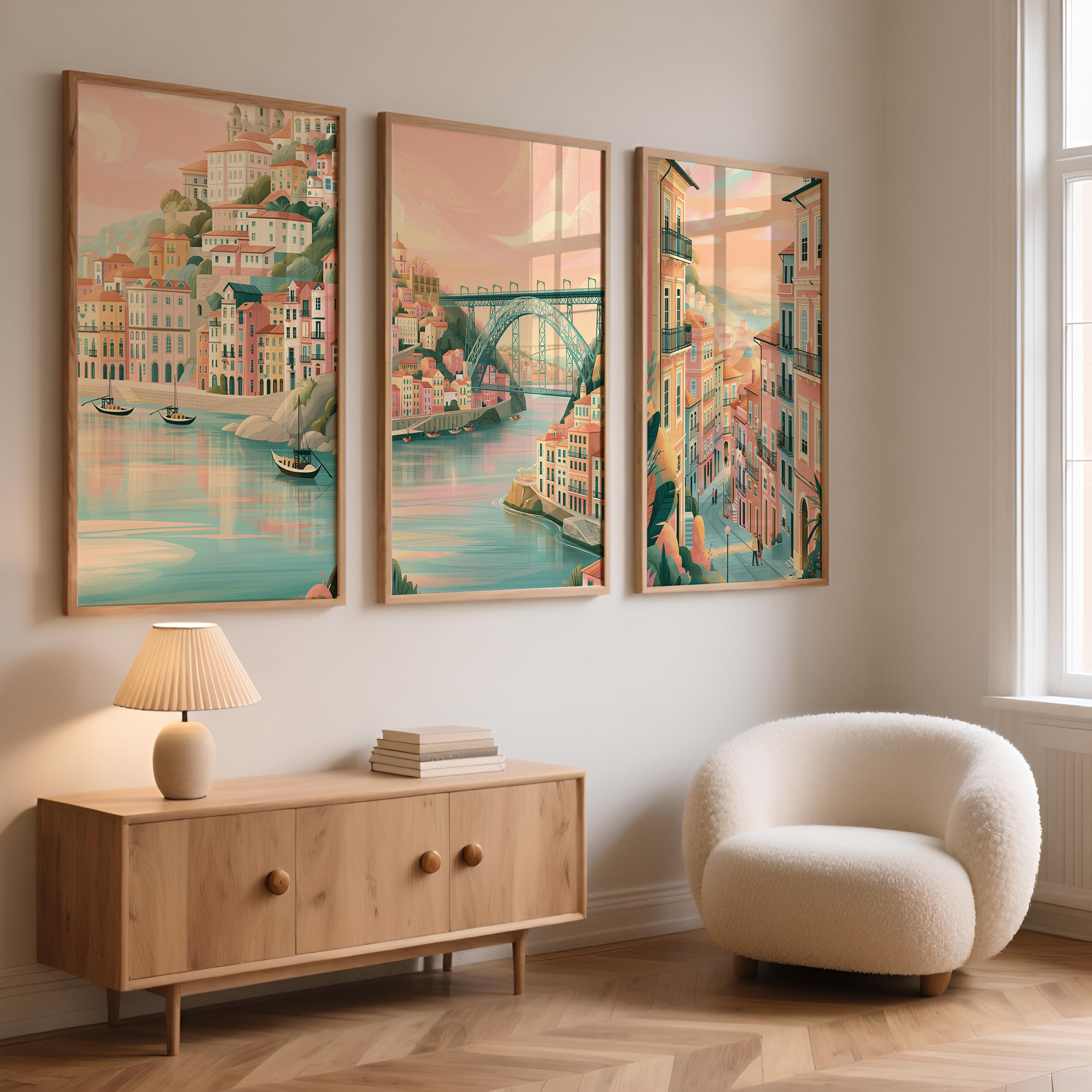 Porto Set of 3 Travel Posters - Portugal Cityscape Wall Art Prints - Travel Wall Art