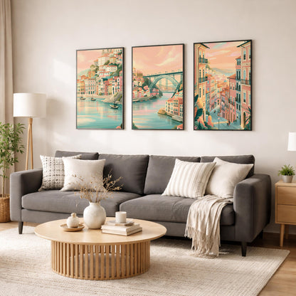 Porto Set of 3 Travel Posters - Portugal Cityscape Wall Art Prints - Travel Wall Art