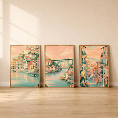 Porto Set of 3 Travel Posters - Portugal Cityscape Wall Art Prints - Travel Wall Art