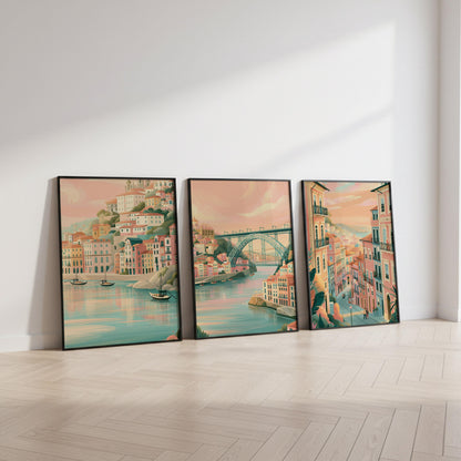 Porto Set of 3 Travel Posters - Portugal Cityscape Wall Art Prints - Travel Wall Art