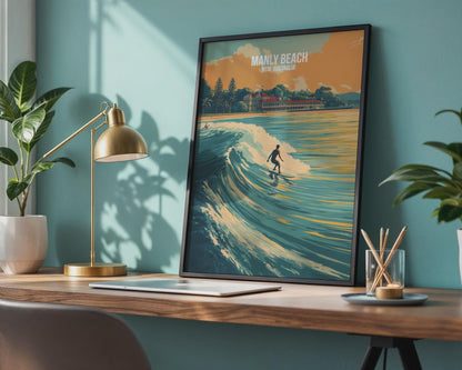 Surfing at Manly Beach Poster Wall Art NSW Australia - Travel Wall Art