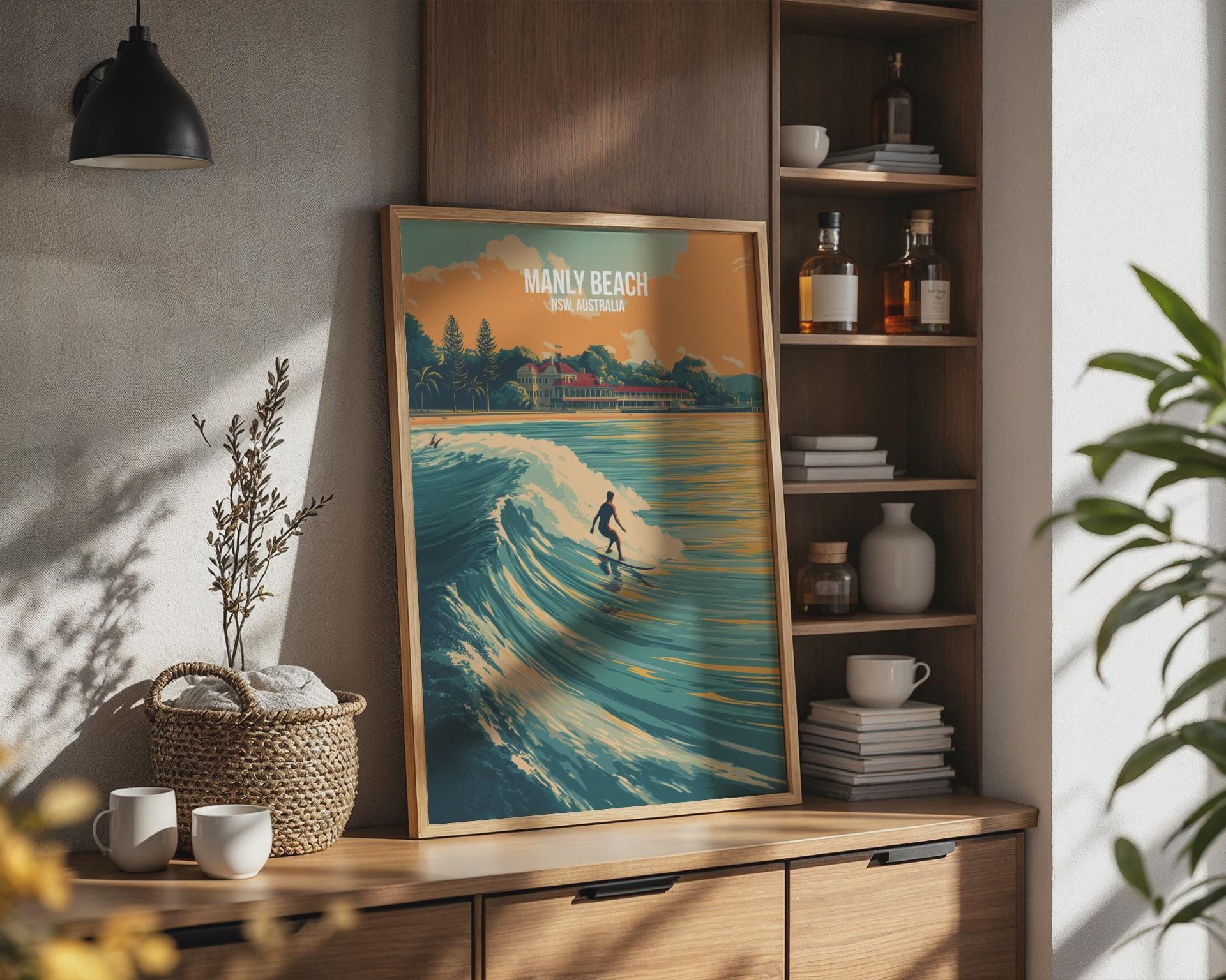 Surfing at Manly Beach Poster Wall Art NSW Australia - Travel Wall Art