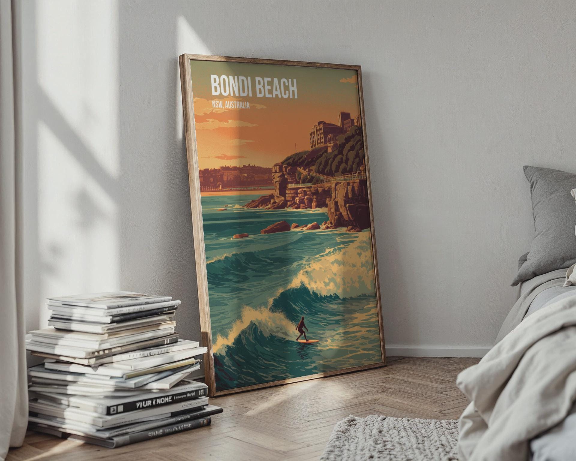Bondi Beach Surfing Poster Wall Art NSWAustralia - Travel Wall Art