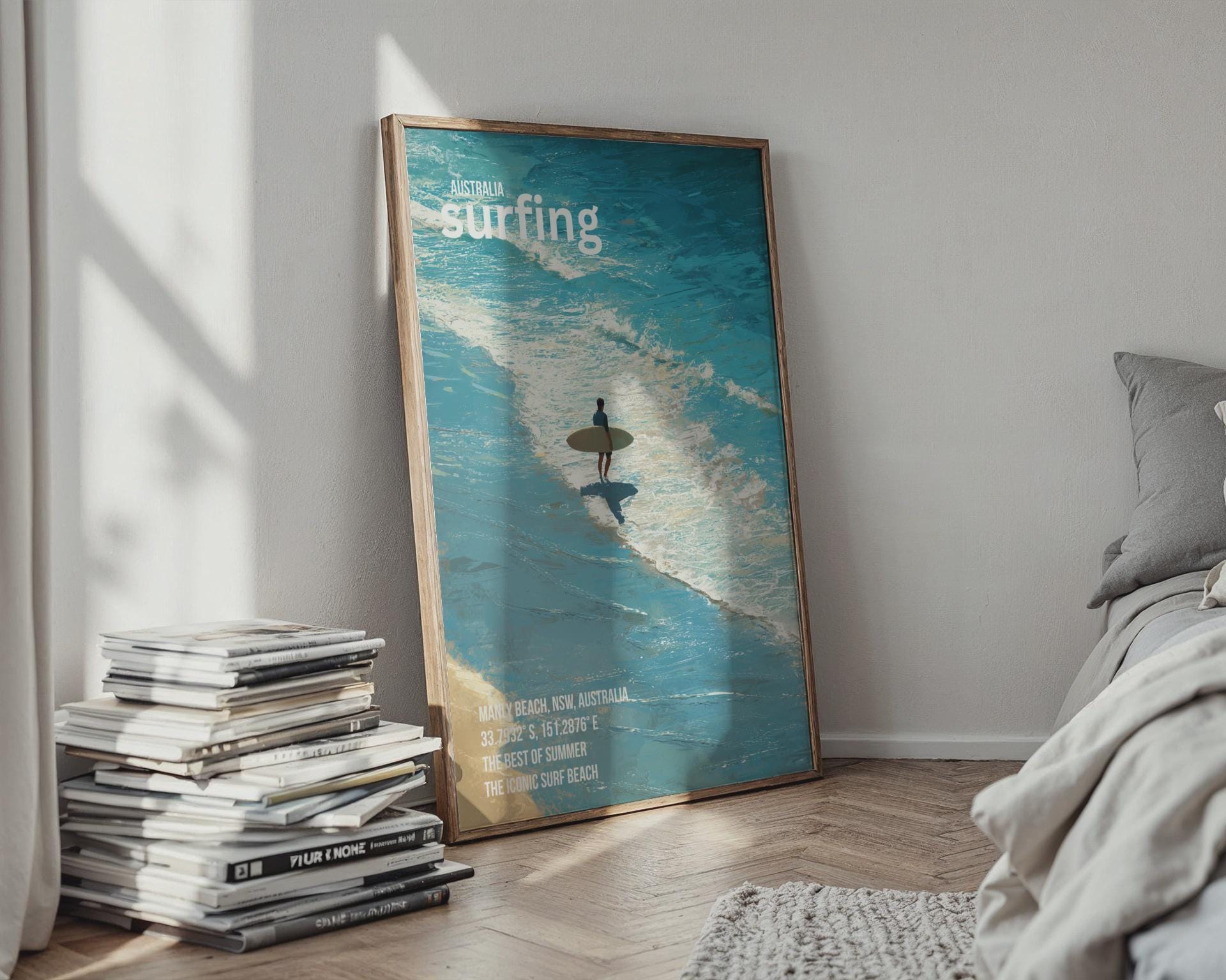 Surfing Poster Manly Beach Australia Art Print Wall Art - Travel Wall Art