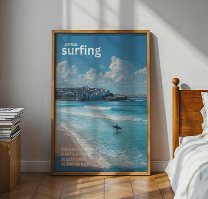 Bondi Beach Surfing Poster Art Print Australia Coastal Wall Art - Travel Wall Art