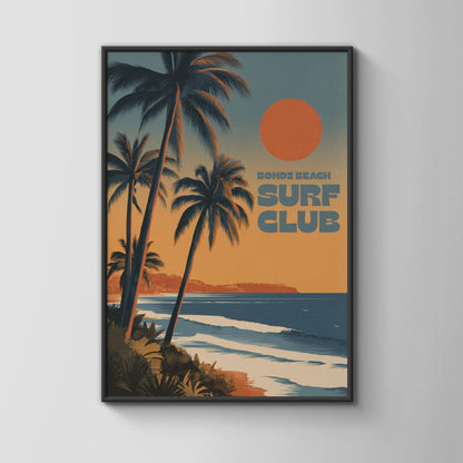 Bondi Beach Surf Club Poster with Palms and Sunset - Travel Wall Art