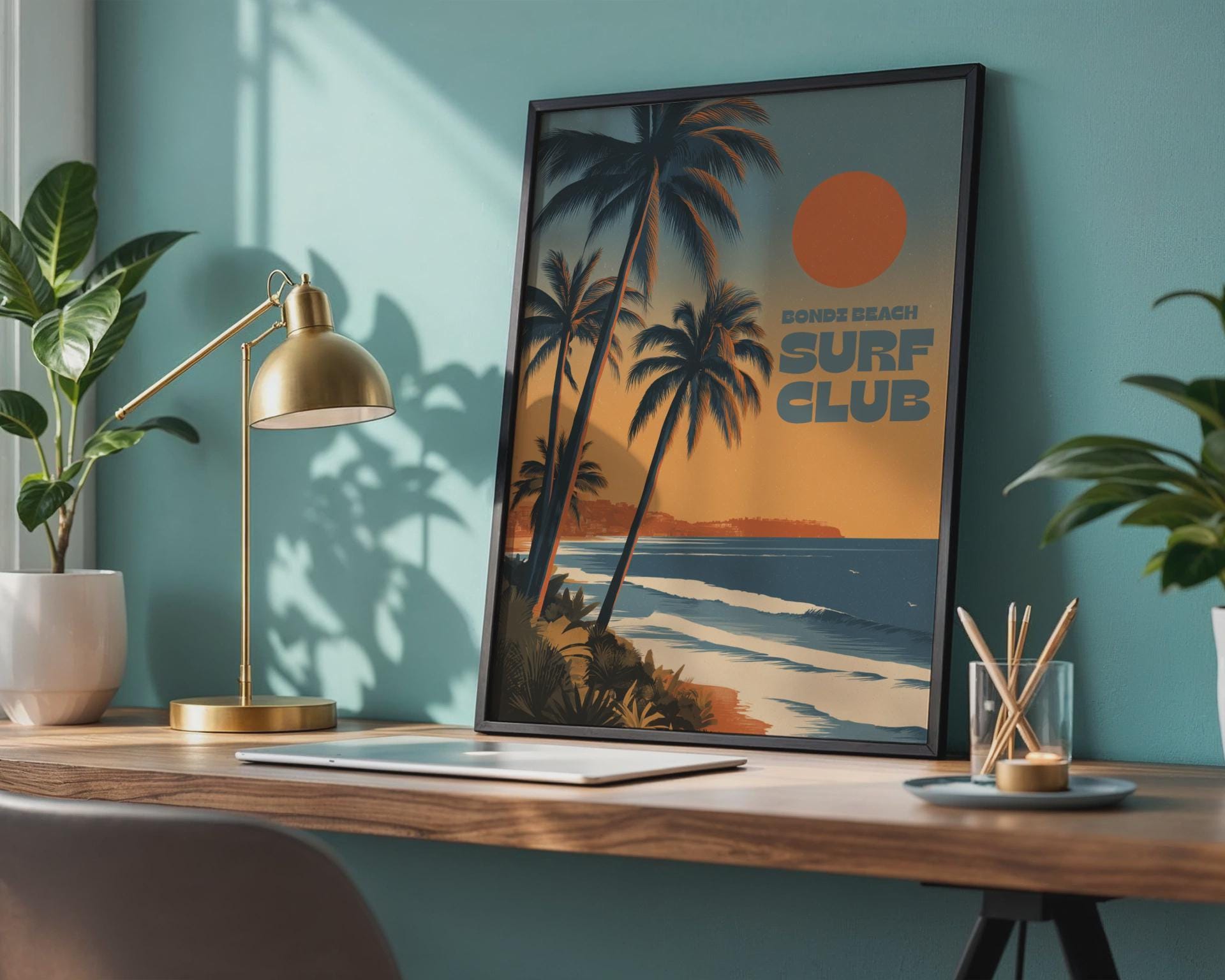 Bondi Beach Surf Club Poster with Palms and Sunset - Travel Wall Art