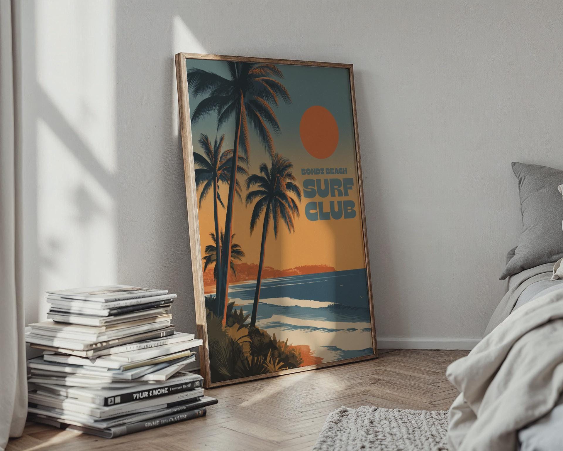 Bondi Beach Surf Club Poster with Palms and Sunset - Travel Wall Art