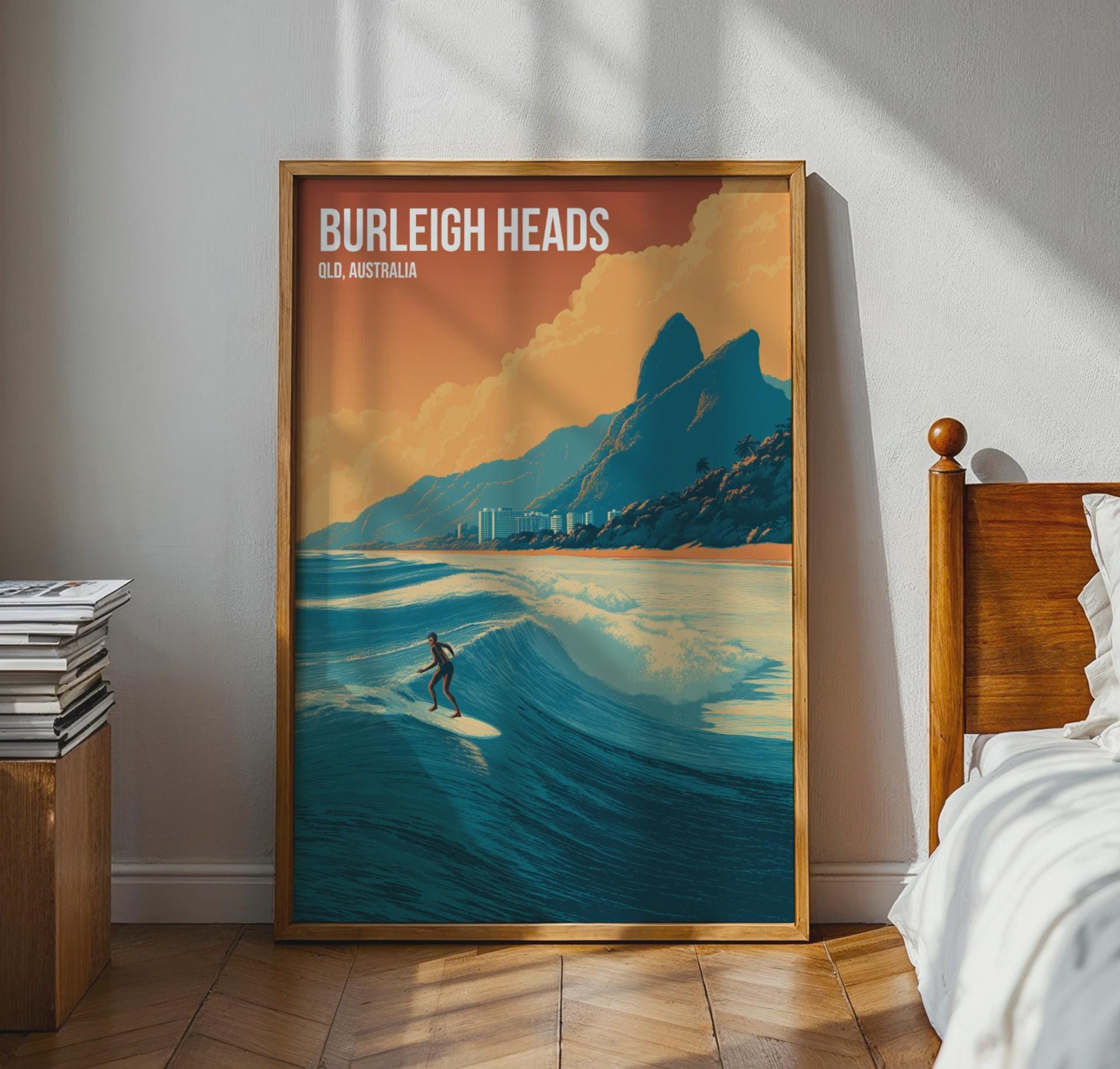 Burleigh Heads Surfing Print Poster Wall Art QLD Australia - Travel Wall Art
