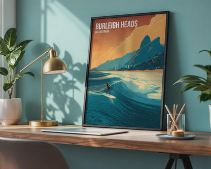 Burleigh Heads Surfing Print Poster Wall Art QLD Australia - Travel Wall Art