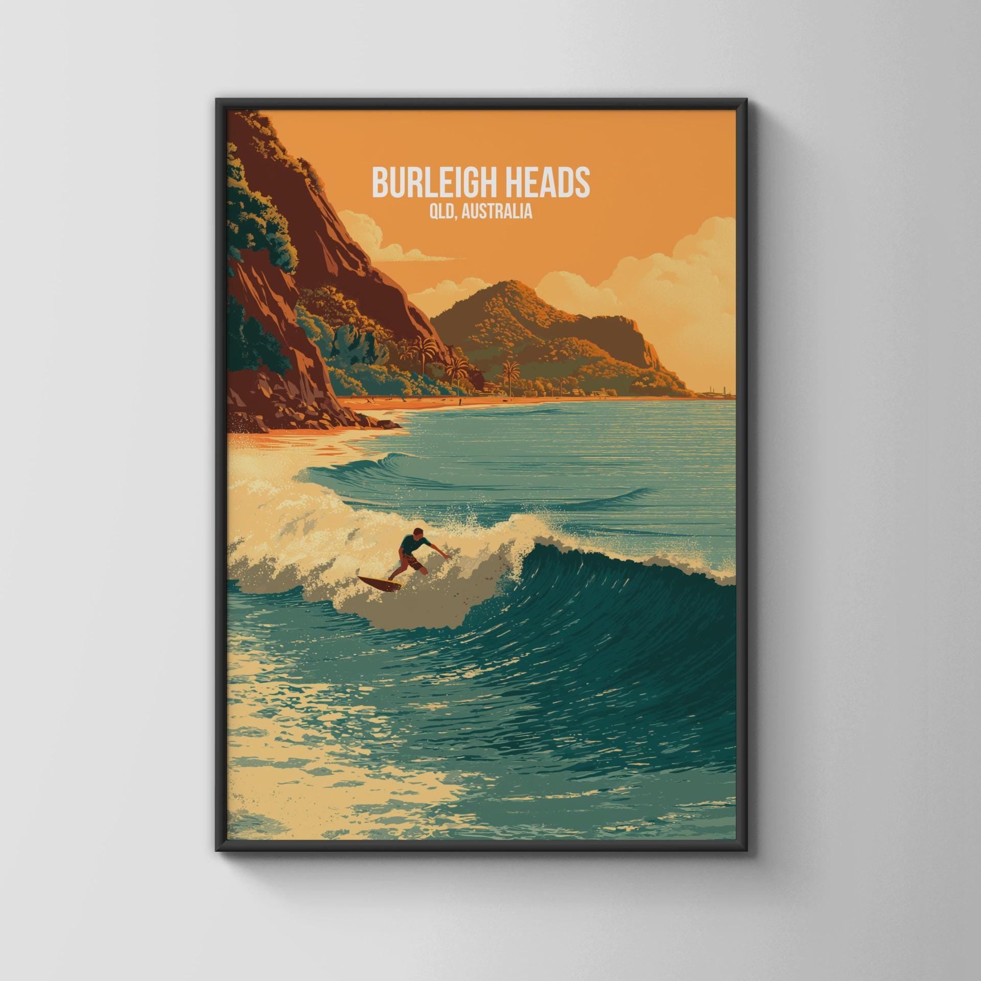 Burleigh Heads Surfing Poster Artwork QLD Australia Wall Art - Travel Wall Art