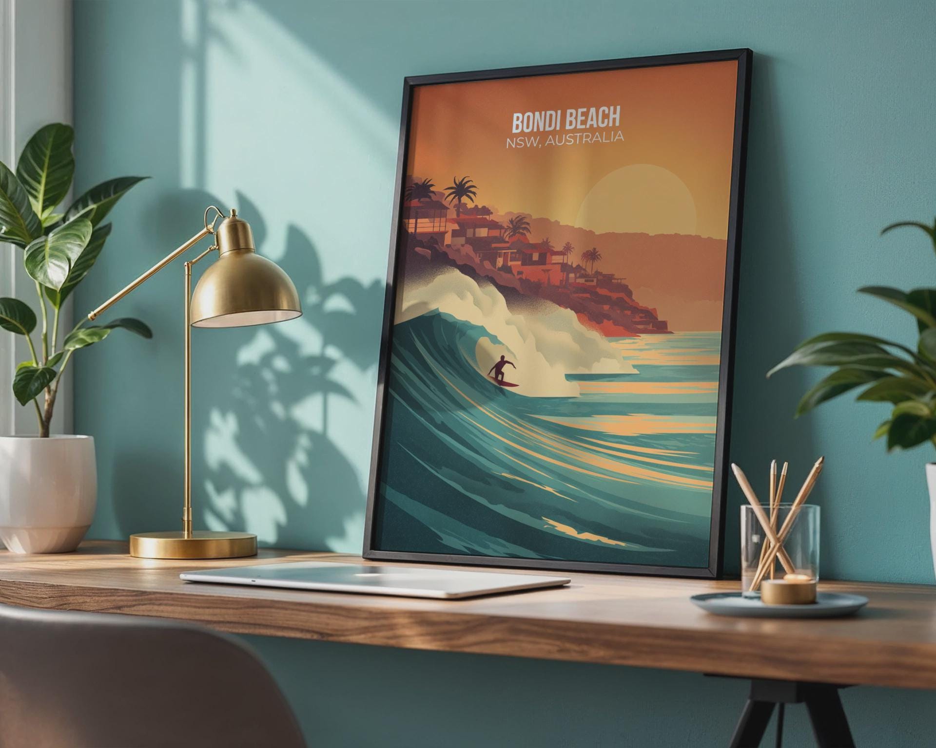 Bondi Beach Surfing Poster Print Ocean Art NSW Australia Wall Art - Travel Wall Art