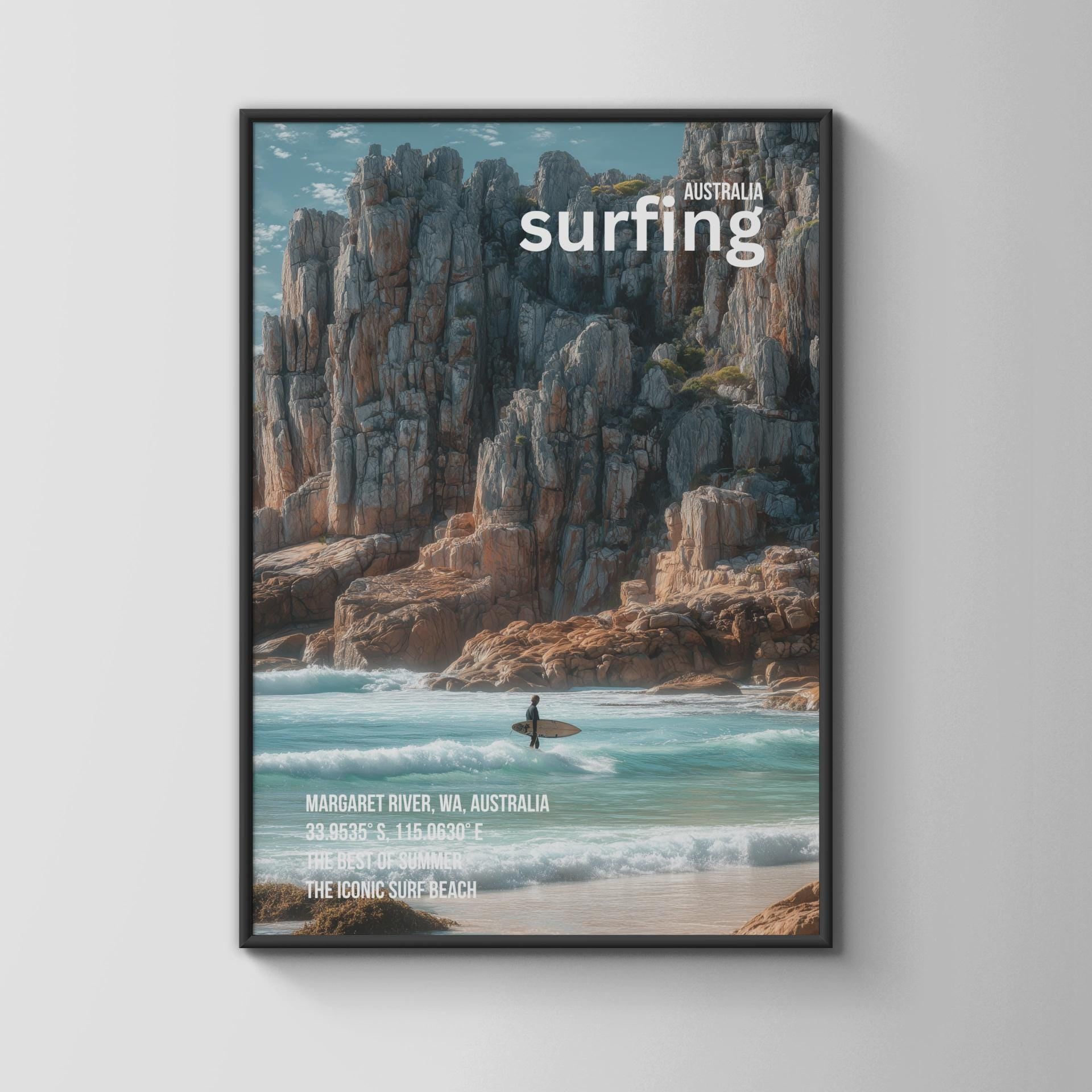 Surfing Art Print Margaret River Australia Landscape Poster - Travel Wall Art