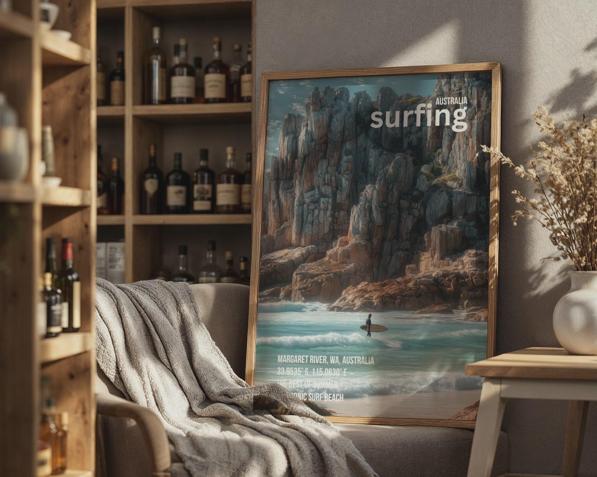 Surfing Art Print Margaret River Australia Landscape Poster - Travel Wall Art