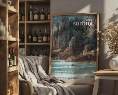 Surfing Art Print Margaret River Australia Landscape Poster - Travel Wall Art