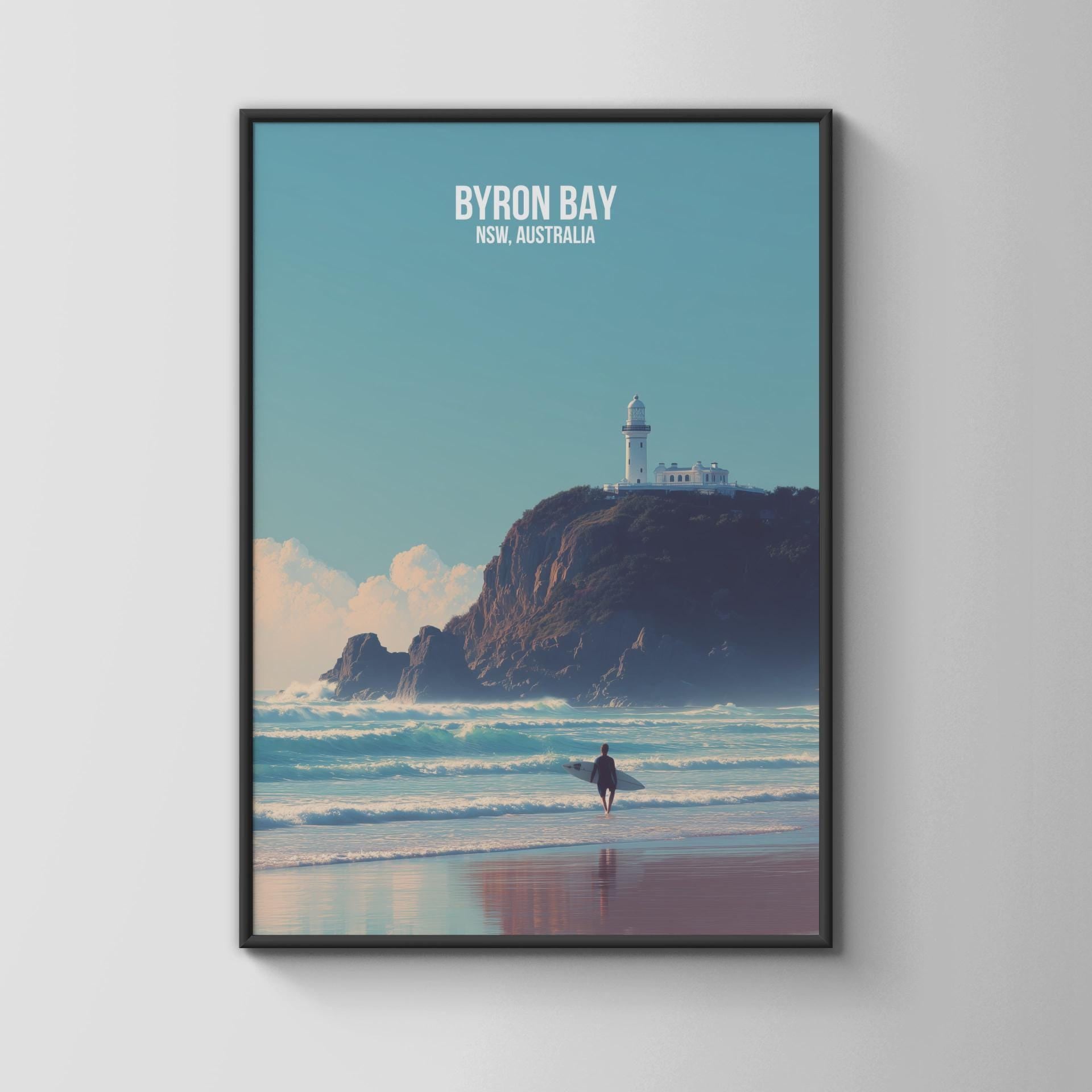 Byron Bay Surf Poster with Lighthouse and Ocean - Travel Wall Art
