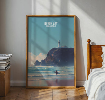 Byron Bay Surf Poster with Lighthouse and Ocean - Travel Wall Art